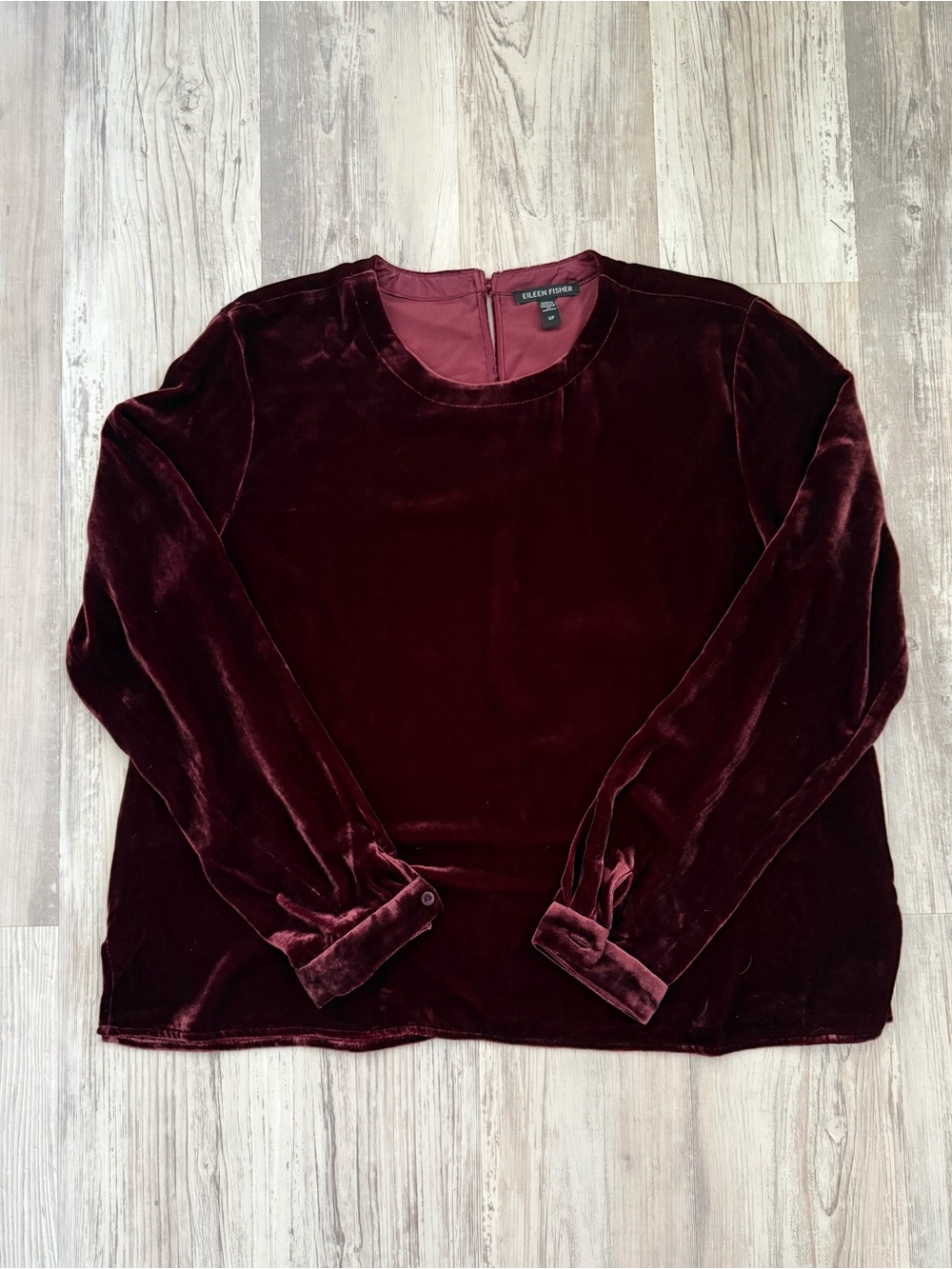 Eileen Fisher Velvet Round Neck Top S Dark Cranberry Holiday Festive Elegant Lux